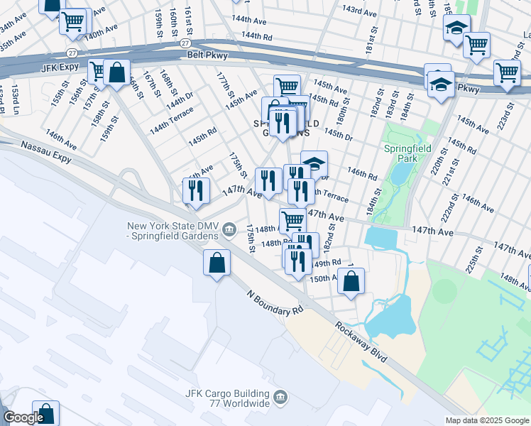map of restaurants, bars, coffee shops, grocery stores, and more near 147-24 176th St in Queens