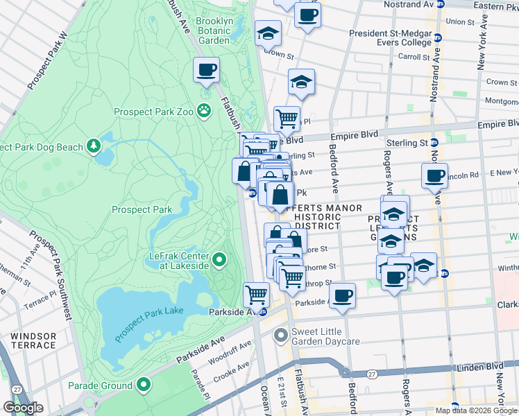 map of restaurants, bars, coffee shops, grocery stores, and more near 50 Lincoln Road in Brooklyn