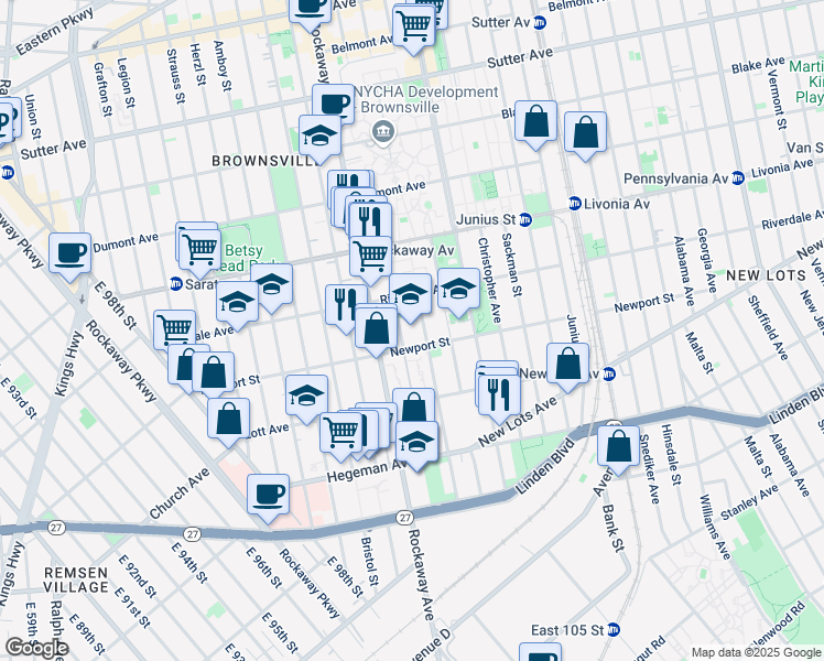 map of restaurants, bars, coffee shops, grocery stores, and more near 411 Thatford Avenue in Brooklyn