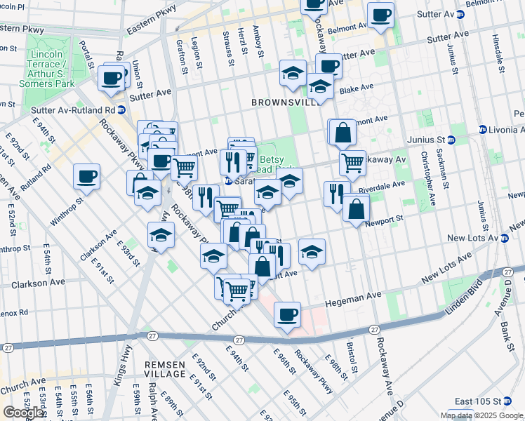 map of restaurants, bars, coffee shops, grocery stores, and more near 76 Riverdale Avenue in Brooklyn
