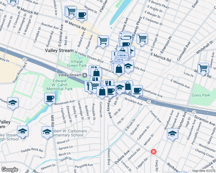 map of restaurants, bars, coffee shops, grocery stores, and more near 47 Sunrise Highway in Valley Stream