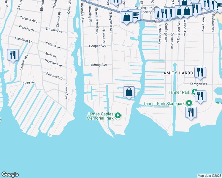 map of restaurants, bars, coffee shops, grocery stores, and more near 249 South Bayview Avenue in Amityville