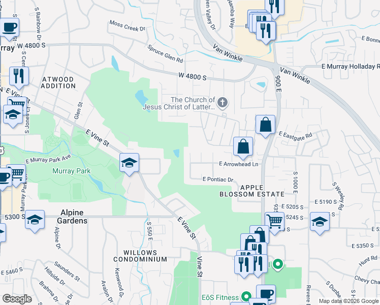 map of restaurants, bars, coffee shops, grocery stores, and more near 5070 Arrowhead Circle in Murray