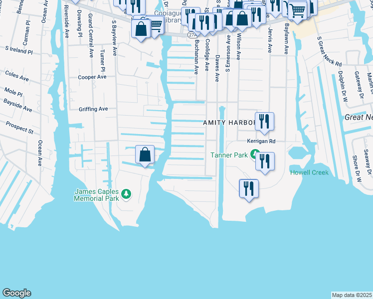 map of restaurants, bars, coffee shops, grocery stores, and more near 18 Gibbs Road in Amityville