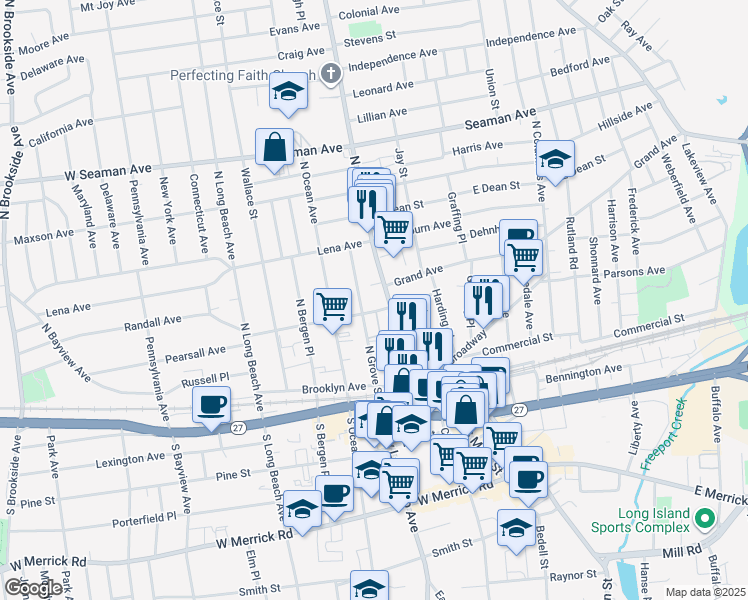 map of restaurants, bars, coffee shops, grocery stores, and more near 99 North Main Street in Freeport