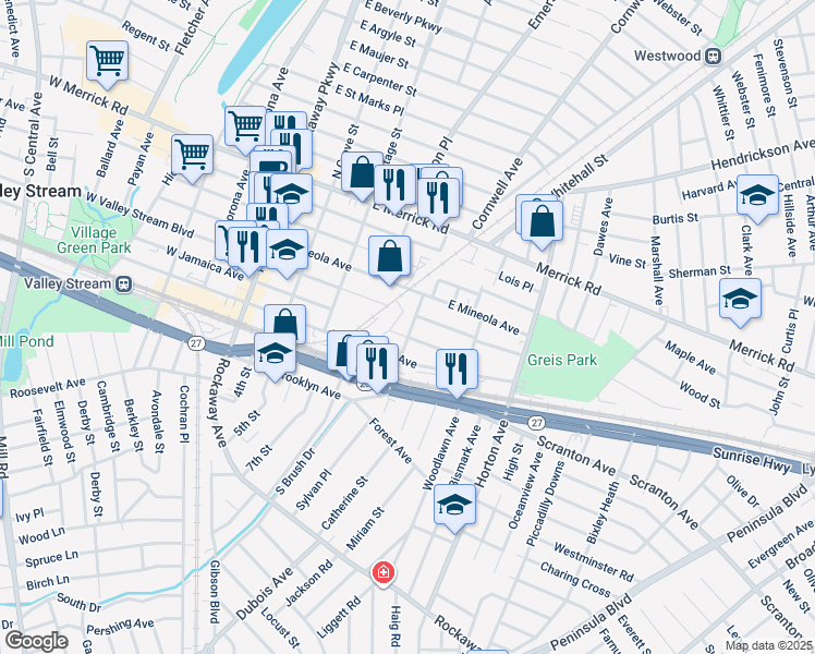 map of restaurants, bars, coffee shops, grocery stores, and more near 24 Satterie Avenue in Valley Stream