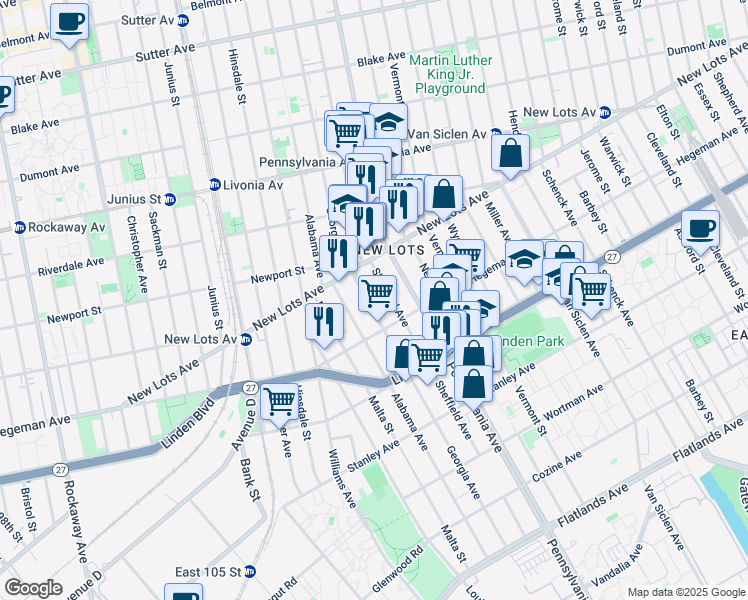 map of restaurants, bars, coffee shops, grocery stores, and more near 681 Sheffield Avenue in Brooklyn