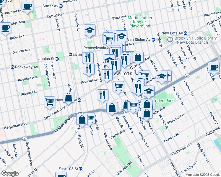 map of restaurants, bars, coffee shops, grocery stores, and more near 654 Georgia Avenue in Brooklyn