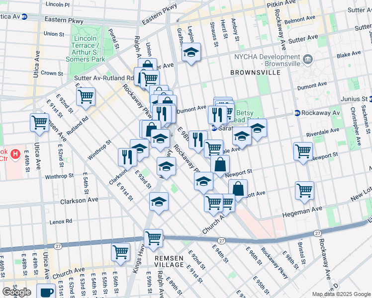 map of restaurants, bars, coffee shops, grocery stores, and more near 290 East 98th Street in Brooklyn