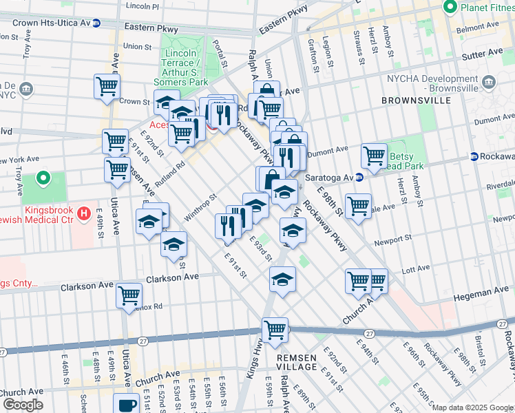 map of restaurants, bars, coffee shops, grocery stores, and more near 229 East 94th Street in Brooklyn