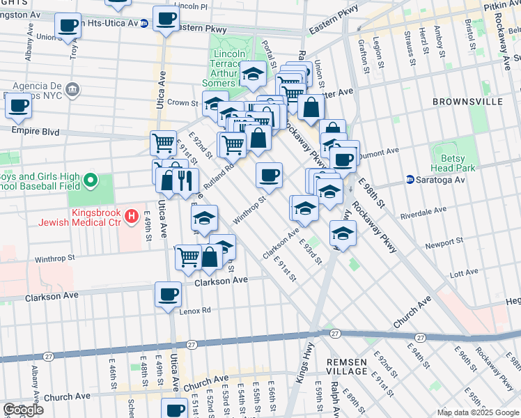 map of restaurants, bars, coffee shops, grocery stores, and more near 185 East 92nd Street in Brooklyn