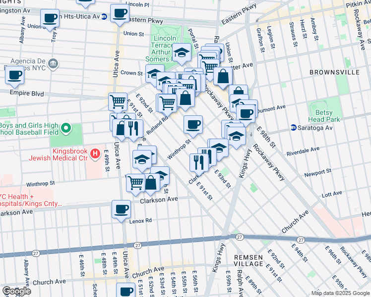 map of restaurants, bars, coffee shops, grocery stores, and more near 185 East 92nd Street in Brooklyn