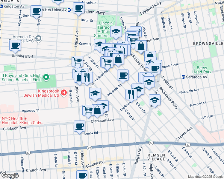 map of restaurants, bars, coffee shops, grocery stores, and more near 185 East 92nd Street in Brooklyn