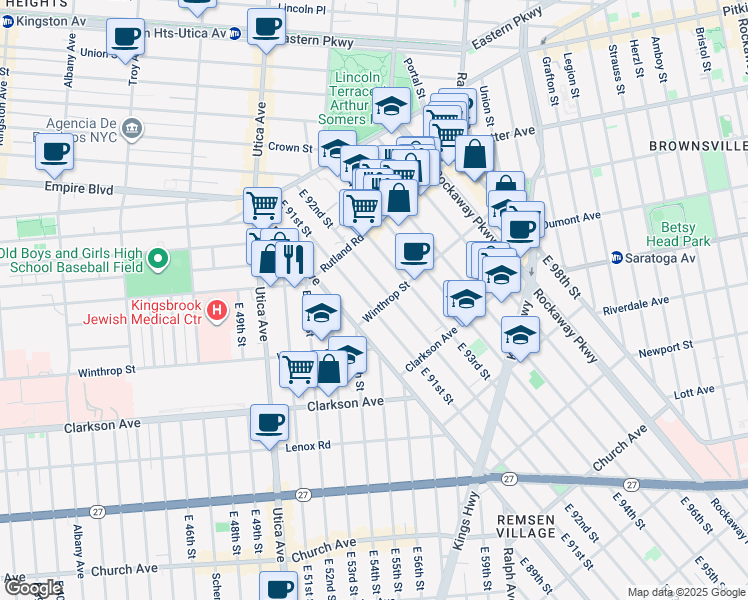 map of restaurants, bars, coffee shops, grocery stores, and more near 185 East 92nd Street in Brooklyn