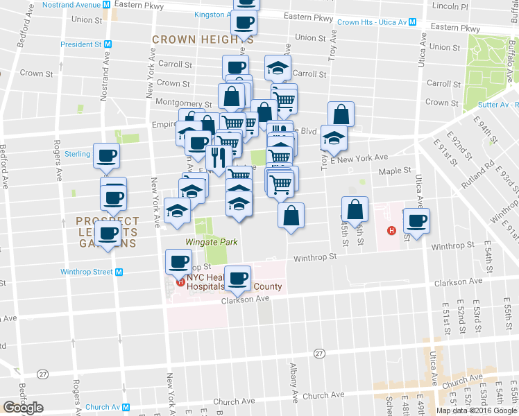 map of restaurants, bars, coffee shops, grocery stores, and more near Rutland Road in Brooklyn