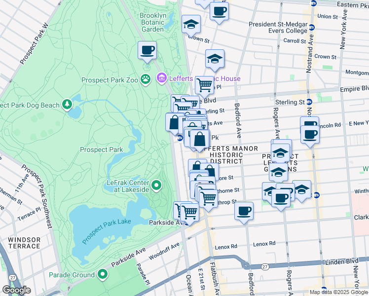 map of restaurants, bars, coffee shops, grocery stores, and more near 115 Ocean Avenue in Brooklyn