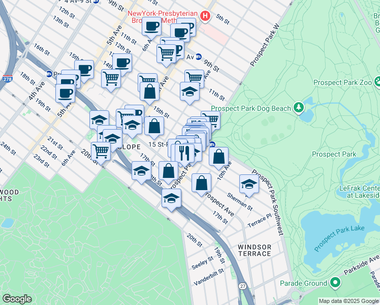 map of restaurants, bars, coffee shops, grocery stores, and more near 107 Windsor Place in Brooklyn
