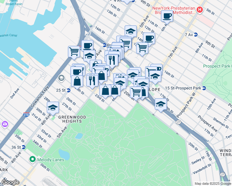 map of restaurants, bars, coffee shops, grocery stores, and more near 283 21st Street in Brooklyn
