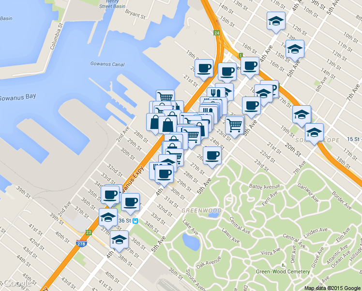 map of restaurants, bars, coffee shops, grocery stores, and more near 170 26th Street in Brooklyn