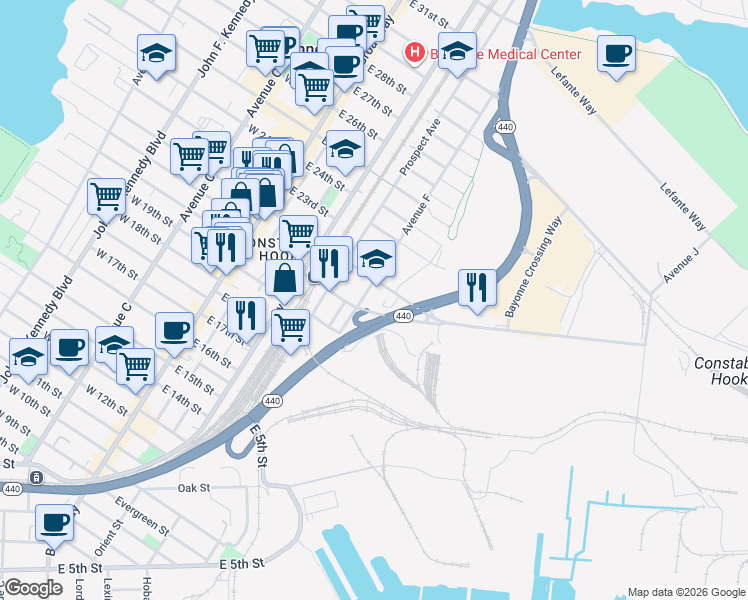 map of restaurants, bars, coffee shops, grocery stores, and more near 103 Avenue F in Bayonne