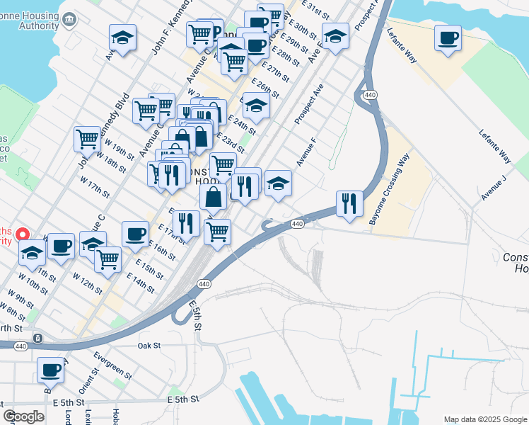map of restaurants, bars, coffee shops, grocery stores, and more near 103 Avenue F in Bayonne