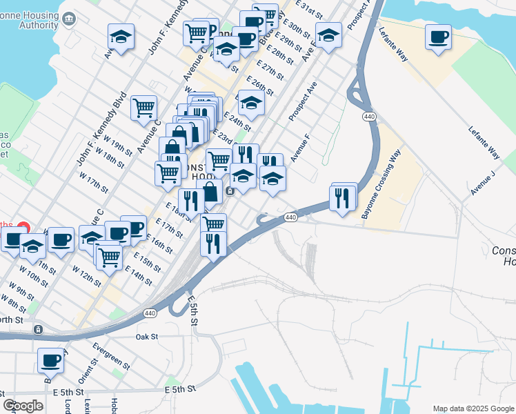 map of restaurants, bars, coffee shops, grocery stores, and more near 103 Avenue F in Bayonne