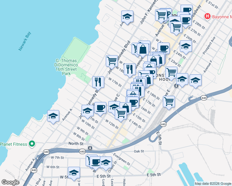 map of restaurants, bars, coffee shops, grocery stores, and more near 76 West 16th Street in Bayonne