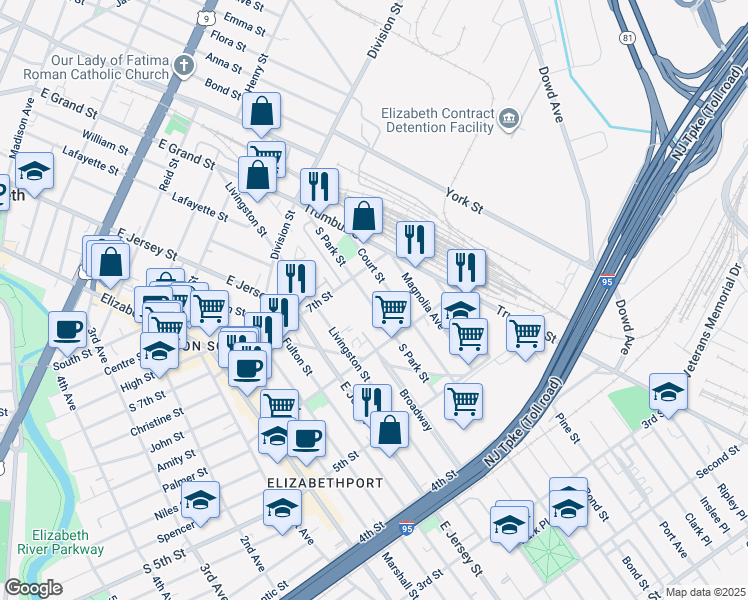 map of restaurants, bars, coffee shops, grocery stores, and more near 652 South Park Street in Elizabeth