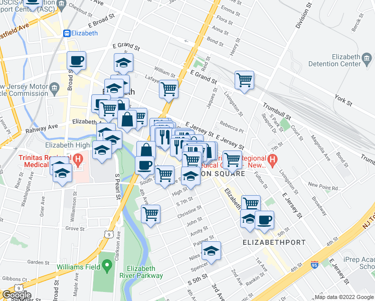 map of restaurants, bars, coffee shops, grocery stores, and more near 24 Jaques Street in Elizabeth