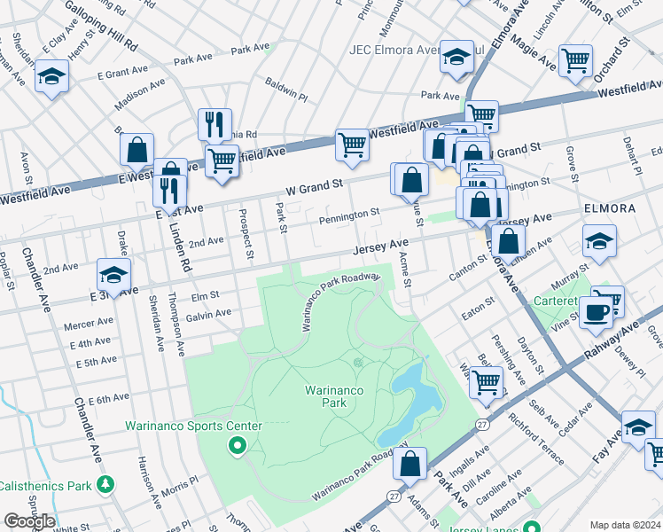 map of restaurants, bars, coffee shops, grocery stores, and more near 792 East 3rd Avenue in Roselle