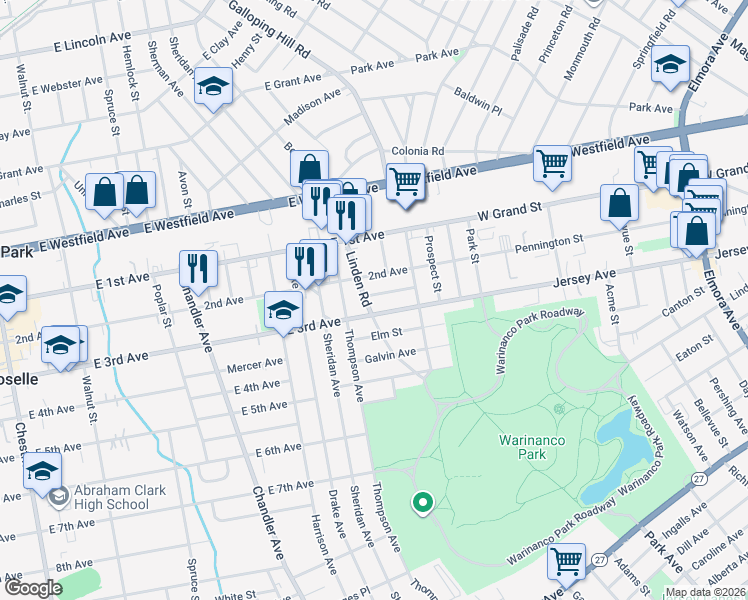 map of restaurants, bars, coffee shops, grocery stores, and more near 617 Meadow Street in Roselle