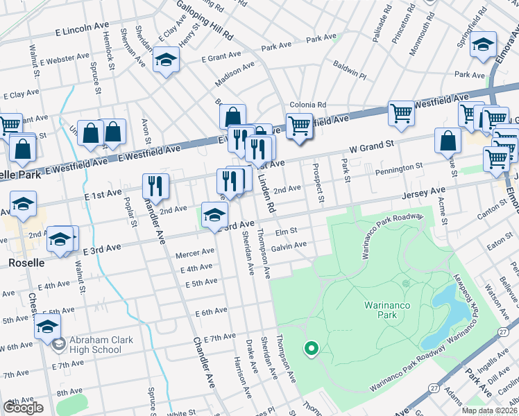 map of restaurants, bars, coffee shops, grocery stores, and more near 556 East 2nd Avenue in Roselle