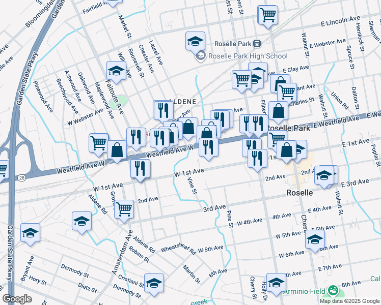 map of restaurants, bars, coffee shops, grocery stores, and more near 231 Westfield Avenue West in Roselle Park