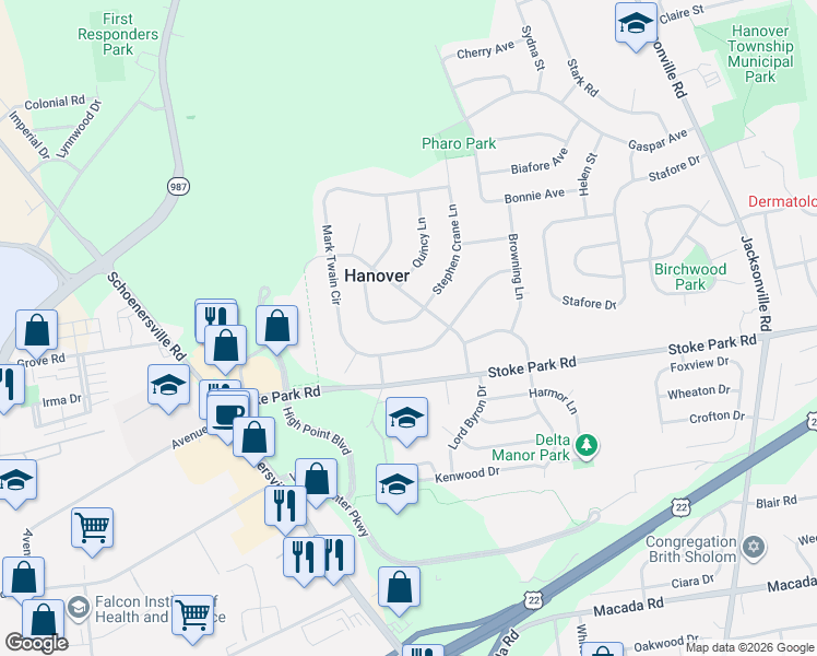 map of restaurants, bars, coffee shops, grocery stores, and more near 1610 Chippendale Circle in Bethlehem