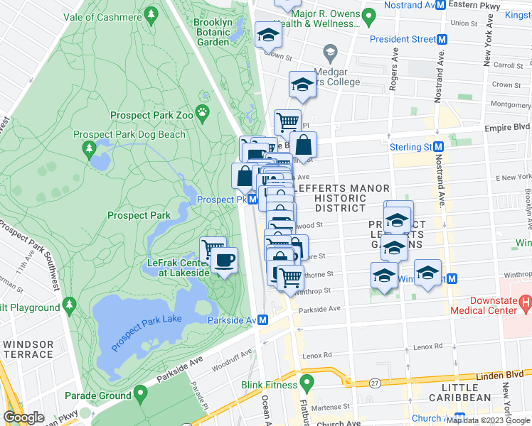 map of restaurants, bars, coffee shops, grocery stores, and more near 115 Ocean Avenue in Brooklyn