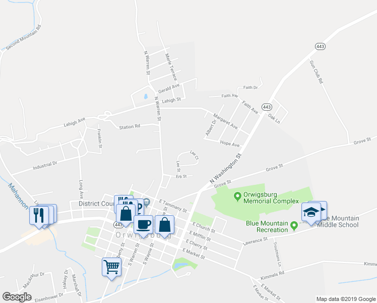 map of restaurants, bars, coffee shops, grocery stores, and more near Lee Court in Orwigsburg