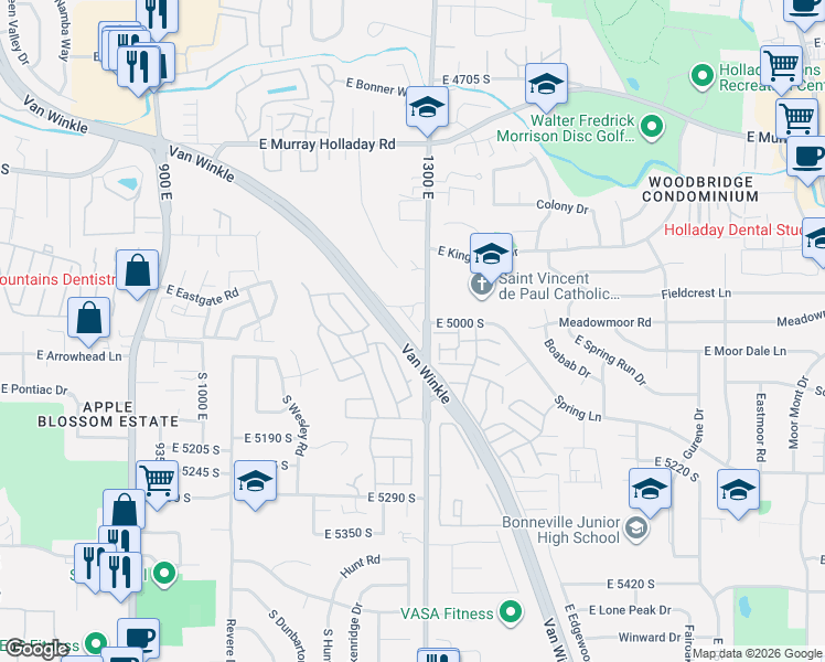map of restaurants, bars, coffee shops, grocery stores, and more near 5002 Timber Way in Millcreek