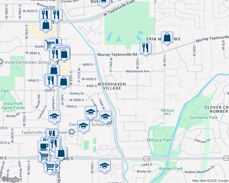 map of restaurants, bars, coffee shops, grocery stores, and more near 1369 Pinewood Drive in Taylorsville