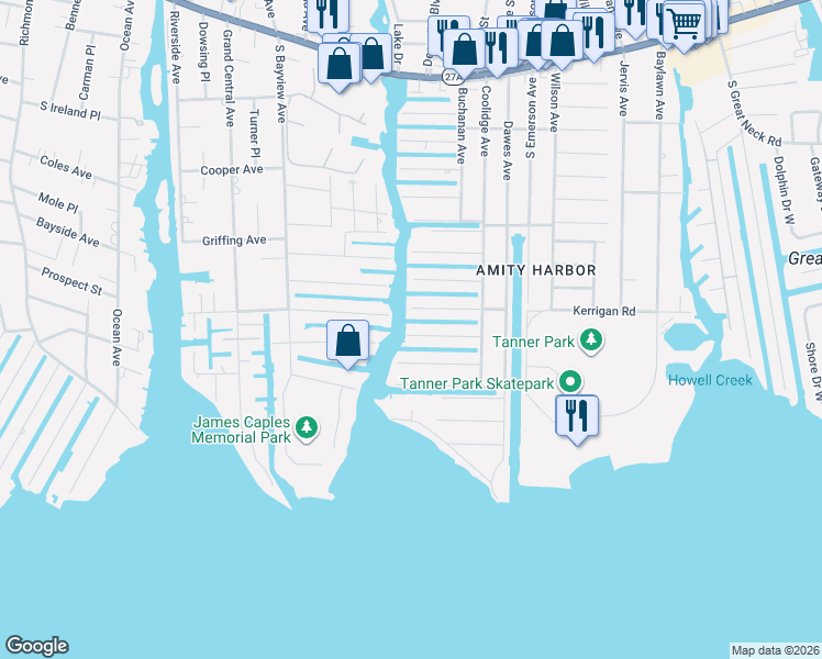 map of restaurants, bars, coffee shops, grocery stores, and more near 32 Gibbs Road in Copiague