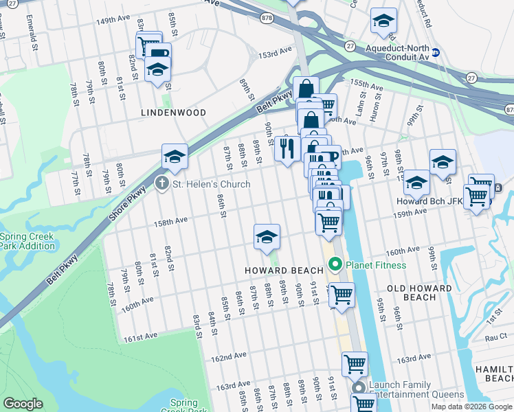 map of restaurants, bars, coffee shops, grocery stores, and more near 157-51 88th Street in Queens
