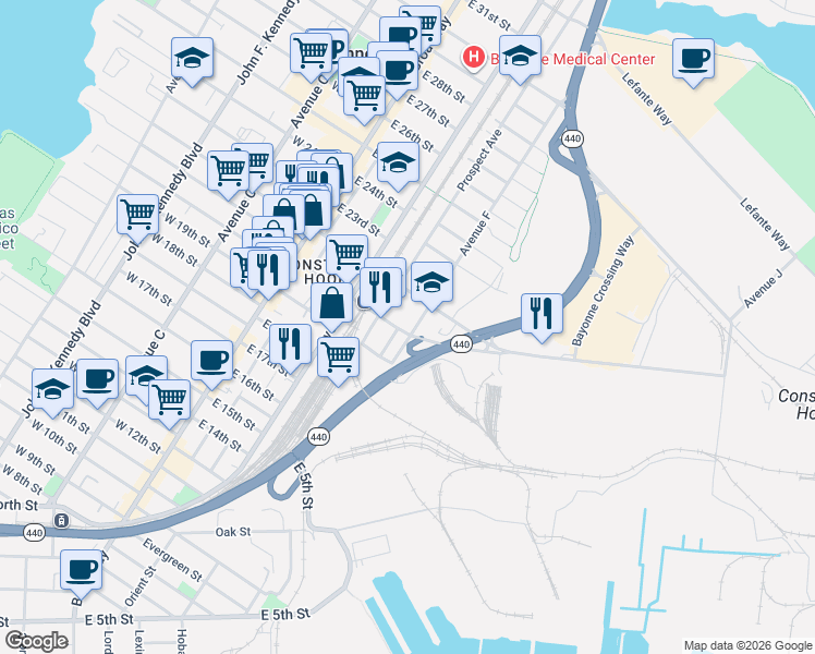 map of restaurants, bars, coffee shops, grocery stores, and more near 103 Avenue F in Bayonne