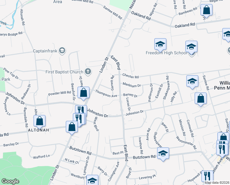 map of restaurants, bars, coffee shops, grocery stores, and more near 3219 Garrett Road in Bethlehem