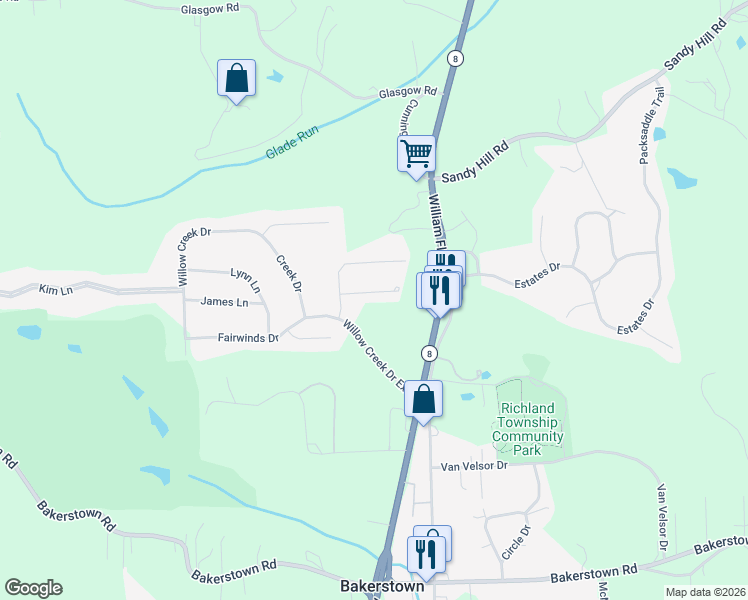 map of restaurants, bars, coffee shops, grocery stores, and more near 131 Bellefield Court in Gibsonia