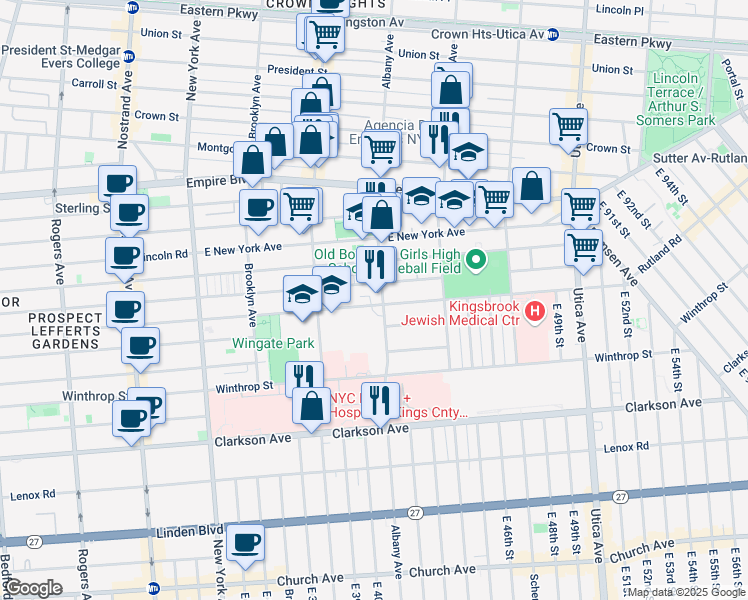 map of restaurants, bars, coffee shops, grocery stores, and more near 577 Albany Avenue in Brooklyn
