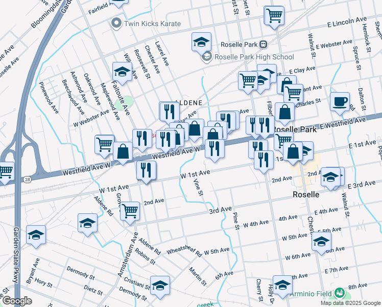 map of restaurants, bars, coffee shops, grocery stores, and more near 231 Westfield Avenue West in Roselle Park