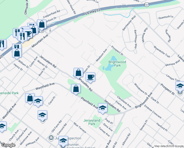 map of restaurants, bars, coffee shops, grocery stores, and more near 634 Fanwood Avenue in Scotch Plains