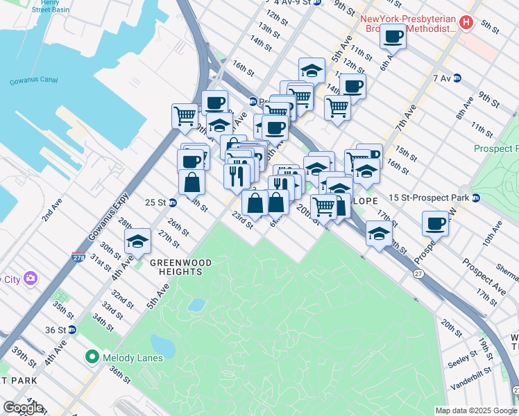 map of restaurants, bars, coffee shops, grocery stores, and more near 283 21st Street in Brooklyn