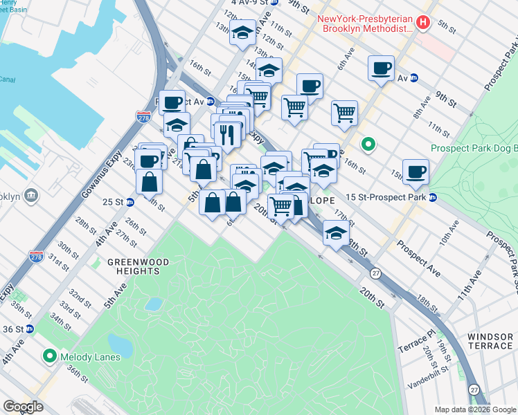 map of restaurants, bars, coffee shops, grocery stores, and more near 317 20th Street in Brooklyn