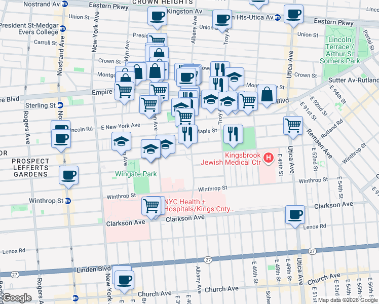 map of restaurants, bars, coffee shops, grocery stores, and more near 577 Albany Avenue in Brooklyn