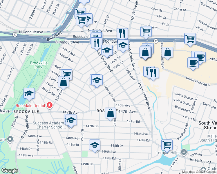 map of restaurants, bars, coffee shops, grocery stores, and more near 141-30 253rd Street in Queens